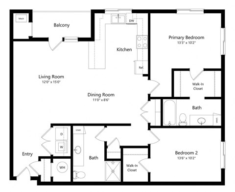 Floor plan for 2 beds, 2 baths, 1278 sqft